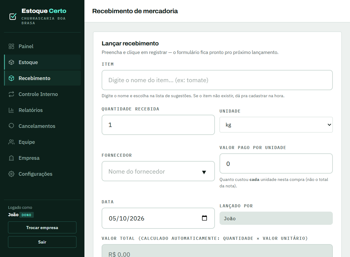 Tela de recebimento de mercadoria com item, quantidade, fornecedor, valor pago por unidade e total calculado automaticamente.